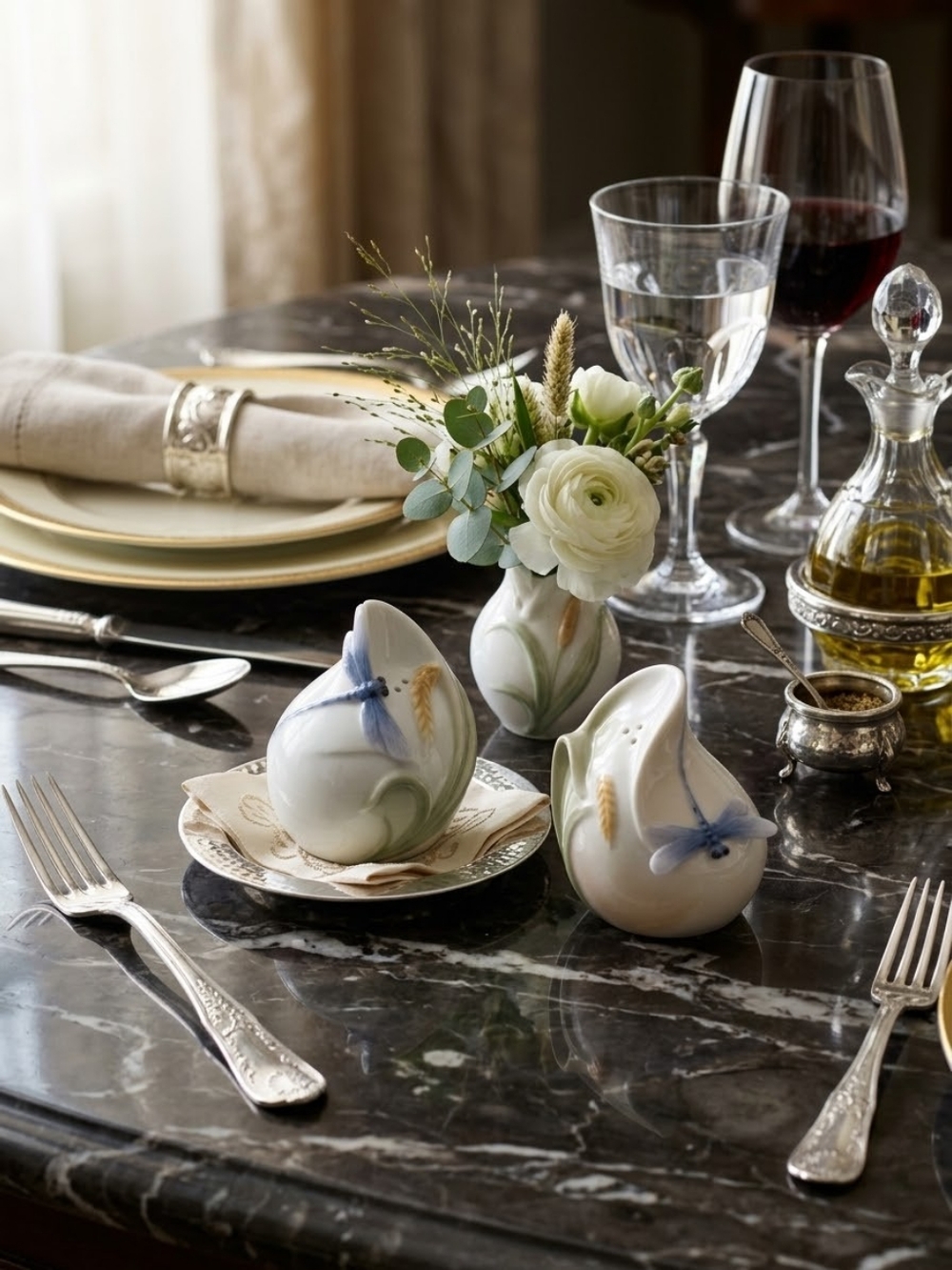 Franz Porcelain Dragonfly Salt & Pepper Shakers in White & Blue